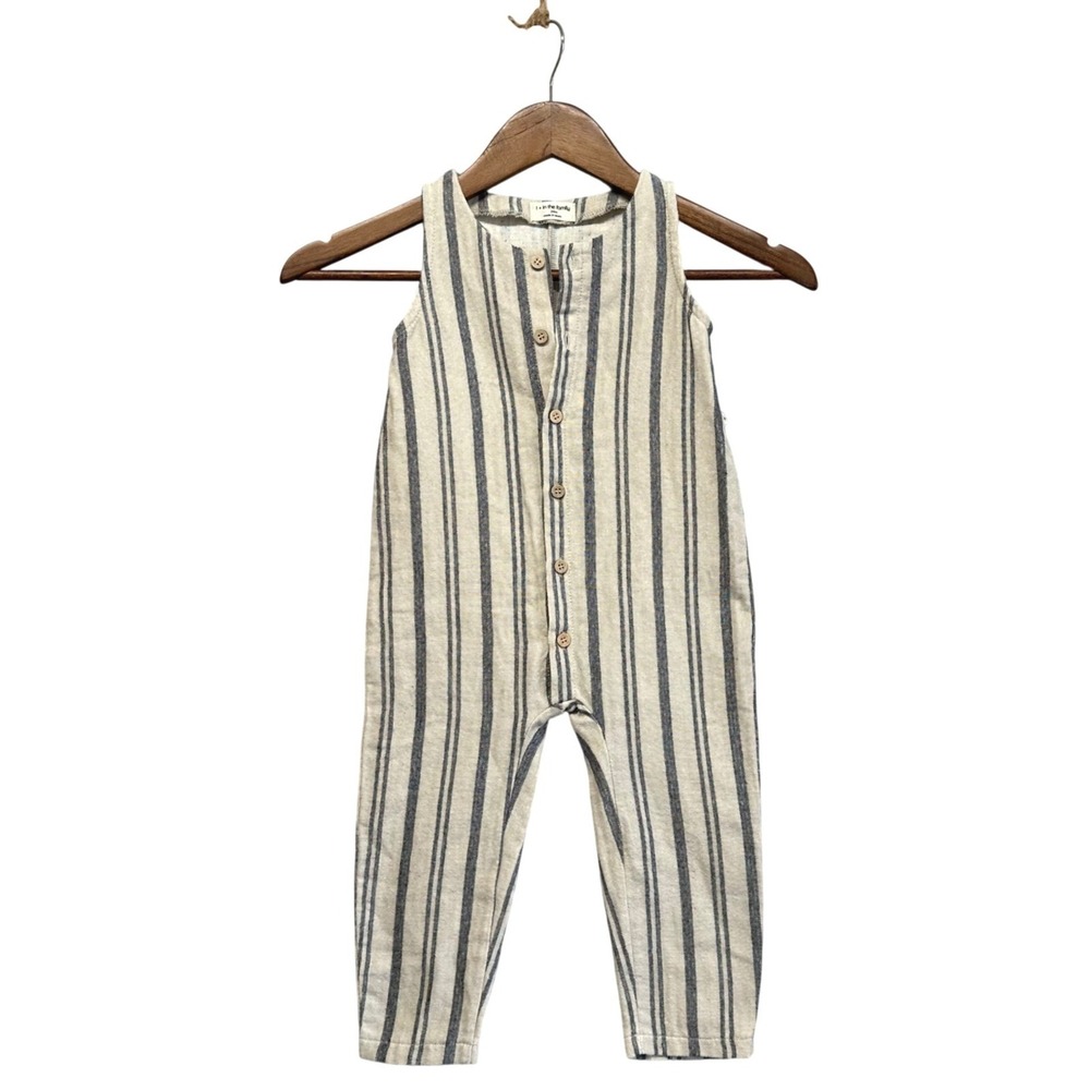 1+In the family Ciro Striped Sleeveless Romper Beige Navy 24M Made in Spain $58